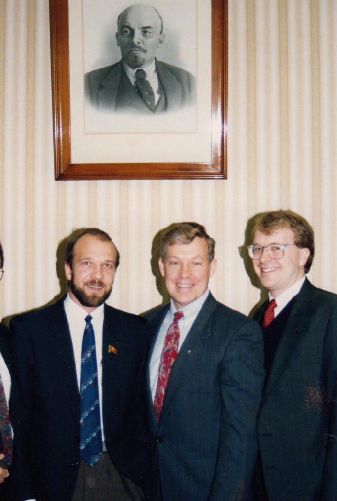 In Kremlin on day of dissolution of USSR, December 8, 1991. Waller is at right with a Soviet and an American colleague. The portrait of Gorbachev had just been removed, but officials were reluctant to take down Lenin's image.